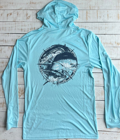 Long Sleeve Fishing Derby Hooded Dry-fit Shirt, Aqua Blue