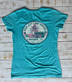 Short Sleeve Ladies Shiplap Palms T-shirt, Island Blue