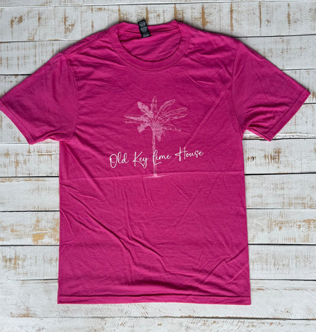 Short Sleeve Ladies Palm Tree T-shirt, Heather Fucshia